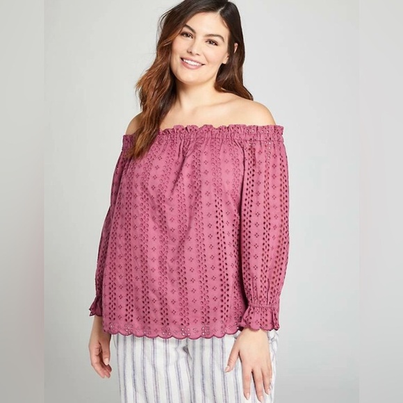 Lane Bryant Off-The-Shoulder Eyelet Ruffle Top Pink Rose Plus Sz 26/28 Coquette - Picture 2 of 12